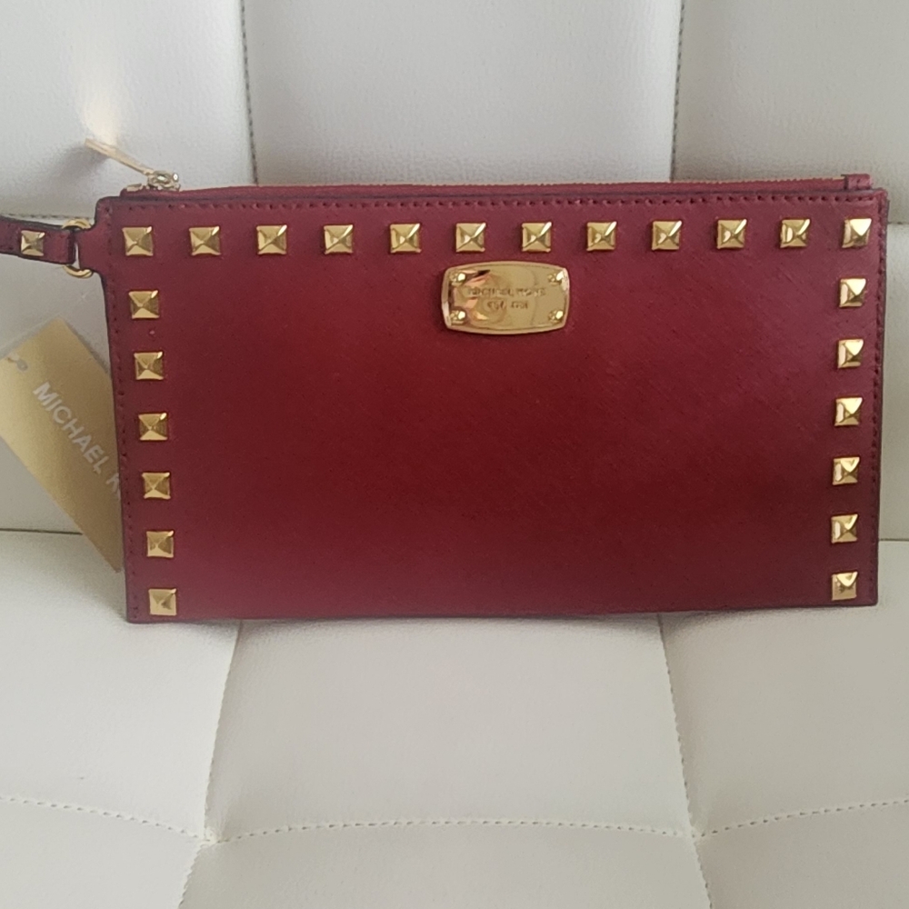 Michael Kors Red Wristlet Clutch with Gold Studs
